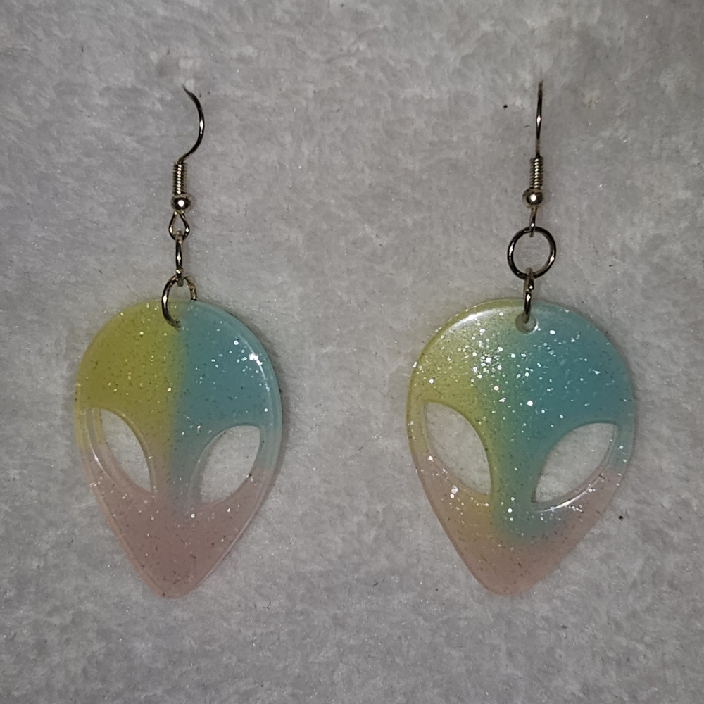 Tye Dye Alien Head Acrylic Glitter Dangle Earrings